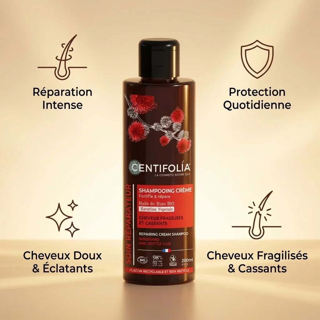 Shampooing Crème Centifolia réparateur cheveux cassants avec icônes bénéfices réparation intense protection