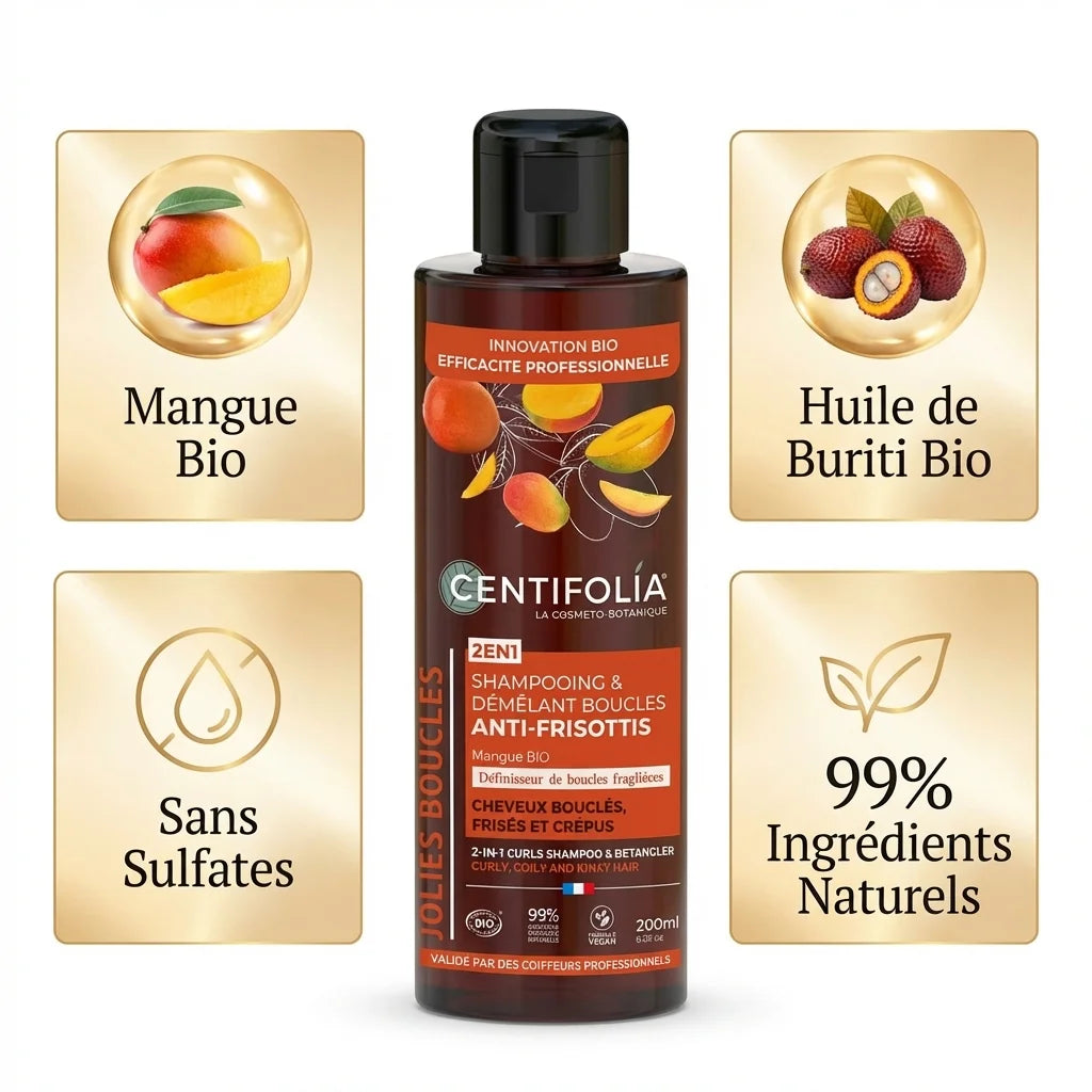 Shampoing démêlant boucles anti-frisottis Centifolia 200ml bio avec mangue et buriti
