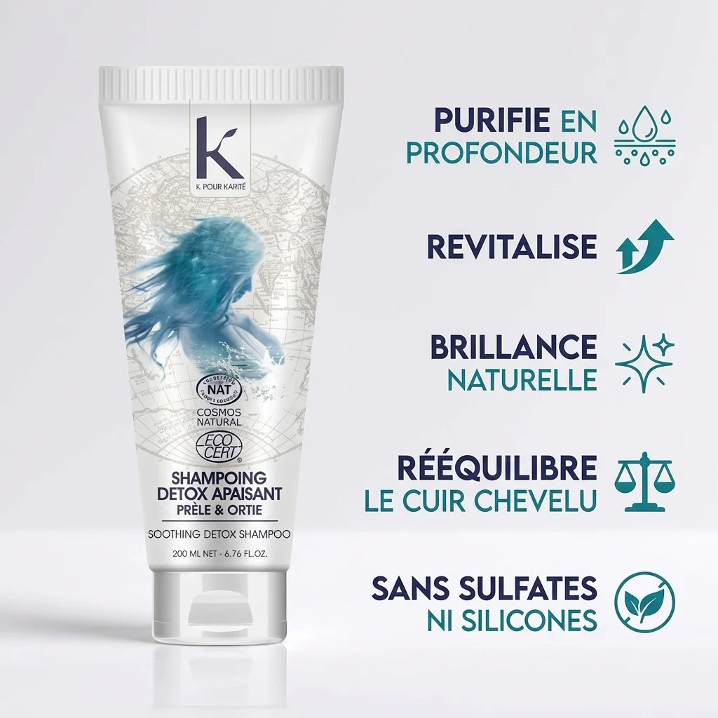 Shampoing Détox Bio K pour Karité 200g avec infographie des 5 bénéfices purifiant et revitalisant