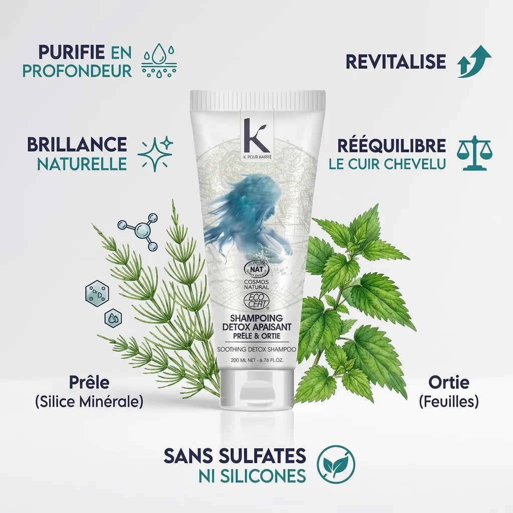 Shampoing Détox Bio K pour Karité 200g avec ingrédients naturels, prêle et ortie sur fond blanc