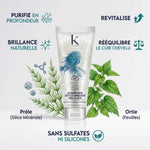 Shampoing Détox Bio K pour Karité 200g avec ingrédients naturels, prêle et ortie sur fond blanc