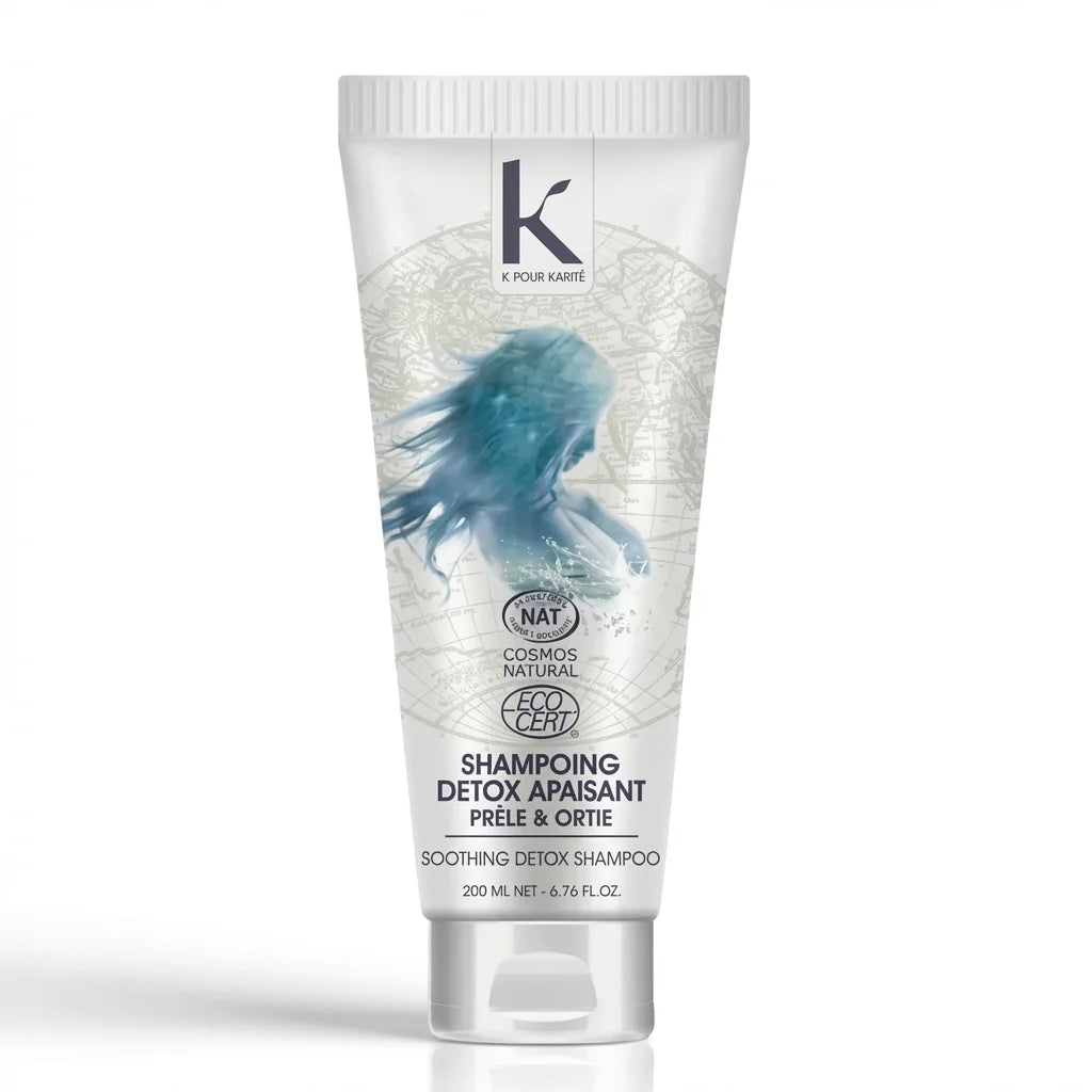 Shampoing Détox Bio K pour Karité 200g tube blanc avec certifications naturelles sur fond blanc