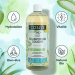 Shampoing douche Aloe Vera Coslys 1L avec infographie des bénéfits hydratation et bien-être naturel