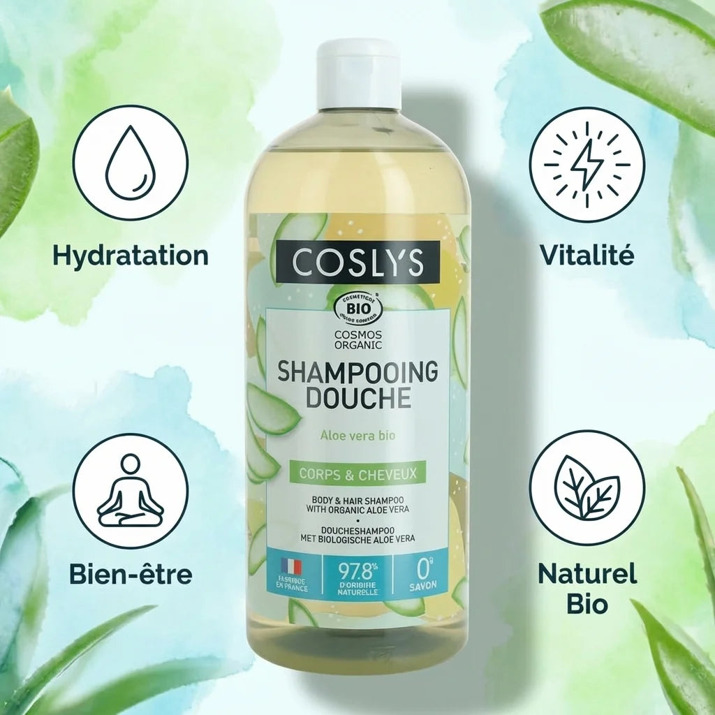 Shampoing douche Aloe Vera Coslys 1L avec infographie des bénéfits hydratation et bien-être naturel