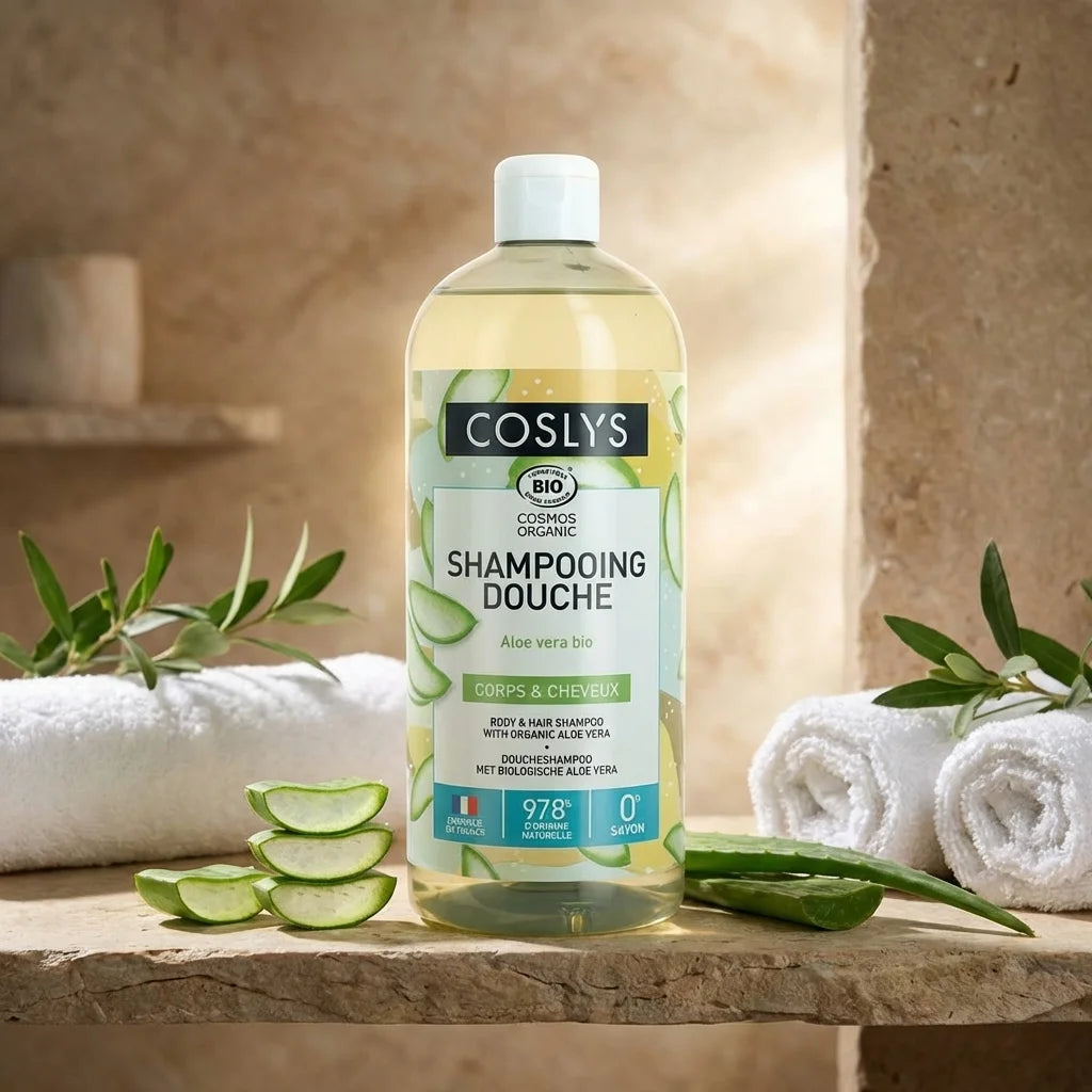 Shampoing Douche Aloe Vera 1L Coslys sur étagère salle de bain avec aloe vera frais