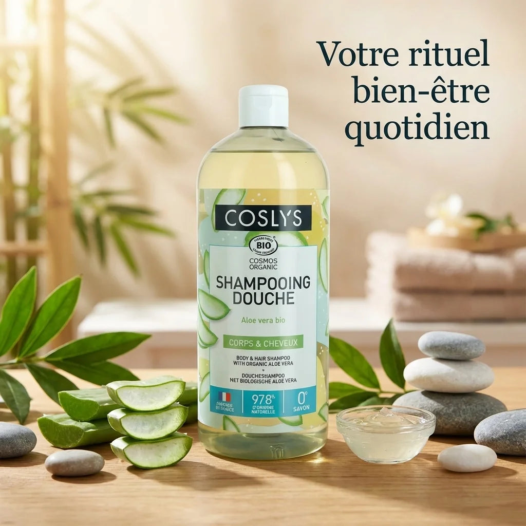 Shampoing douche Aloe Vera 1L Coslys avec ingrédients naturels et feuille d'aloe vera
