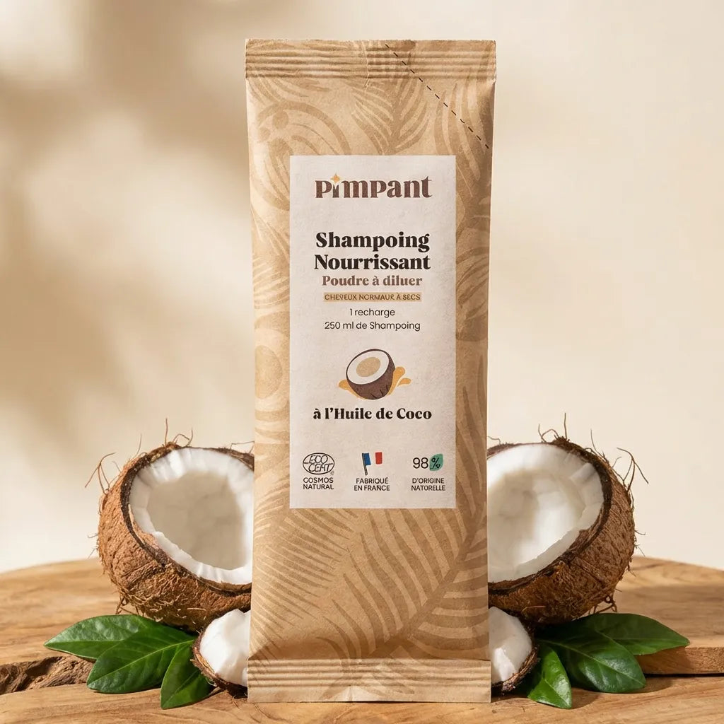 Shampoing en poudre Pimpant coco 25g entouré de noix de coco et feuilles vertes sur bois