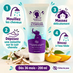 Shampoing enfant bio démêlant Frizouilles & Compagnie 200 ml pour cheveux bouclés, avec étapes d'utilisation illustrées sur fond pastel