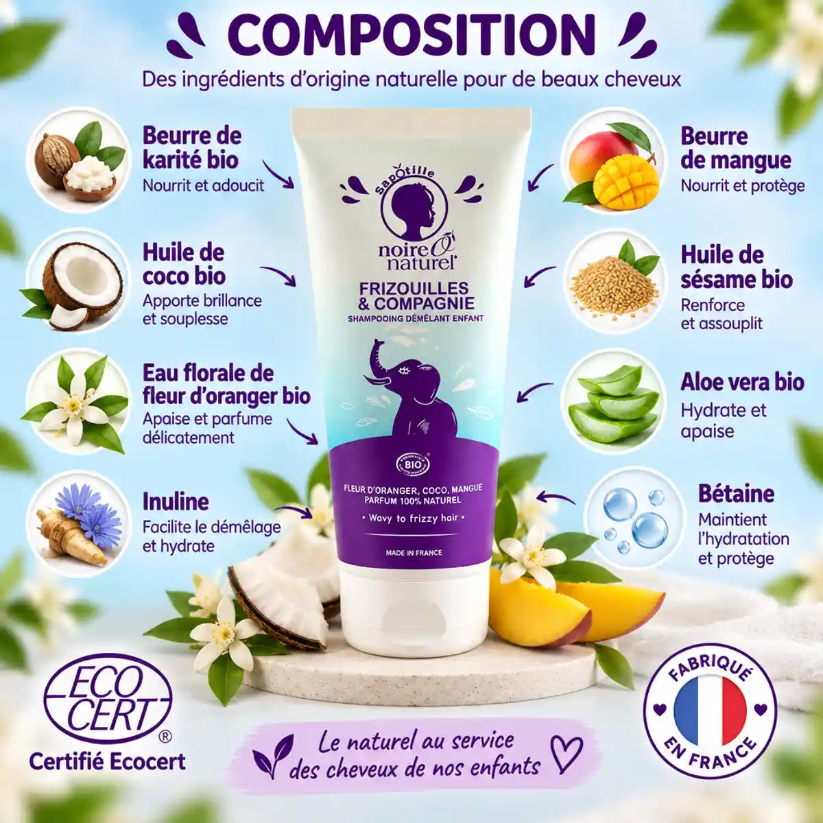 Shampoing enfant bio démêlant Noire Ô Naturel 200ml pour cheveux bouclés, tube Frizouilles & Compagnie sur fond bleu, composition karité, mangue, coco