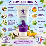Shampoing enfant bio démêlant Noire Ô Naturel 200ml pour cheveux bouclés, tube Frizouilles & Compagnie sur fond bleu, composition karité, mangue, coco