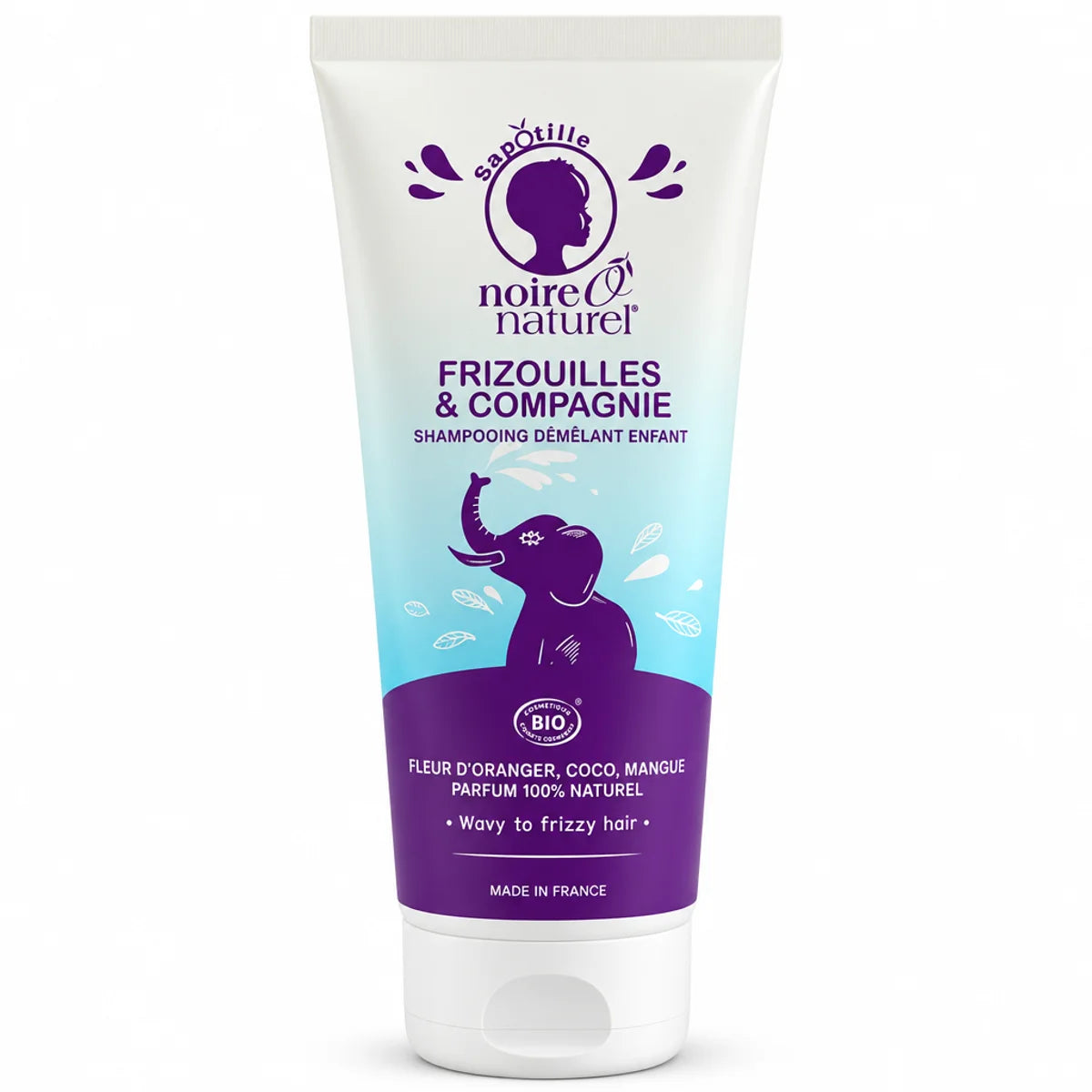 Shampoing enfant bio démêlant Noire Ô Naturel Frizouilles & Compagnie 200ml pour cheveux bouclés, tube blanc et bleu sur fond blanc