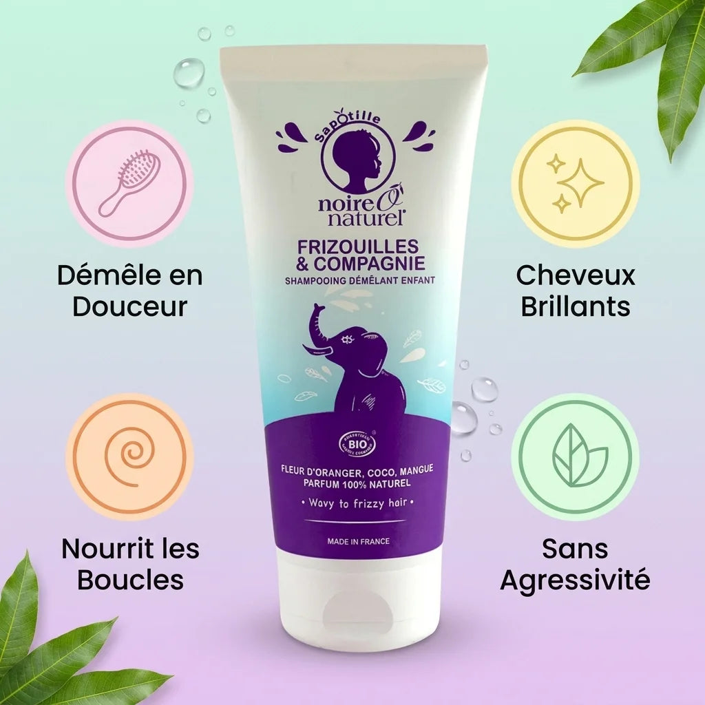 Shampoing enfant bio Frizouilles & Cie avec bénéfices démêlant, brillance et nutrition cheveux