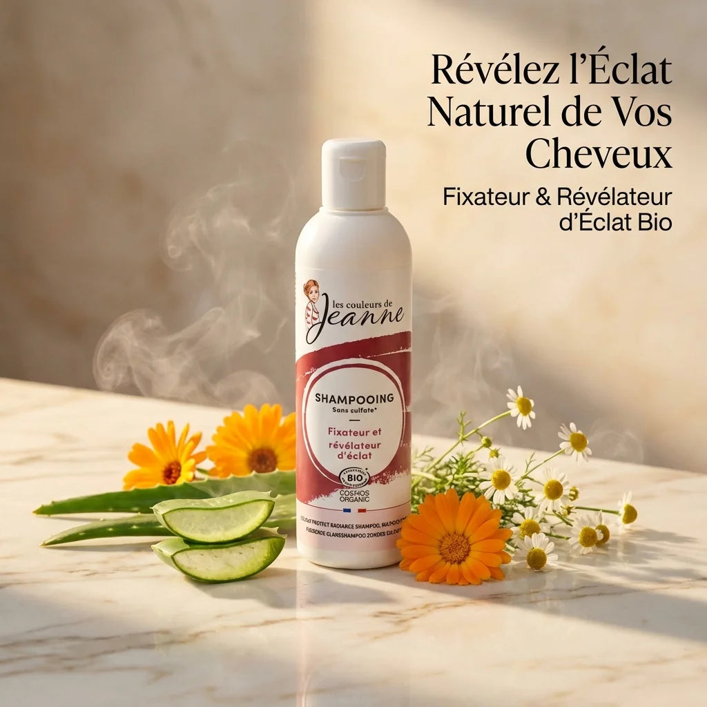 Shampoing bio Les Couleurs de Jeanne 230ml entouré d'ingrédients naturels aloe vera calendula chamomile