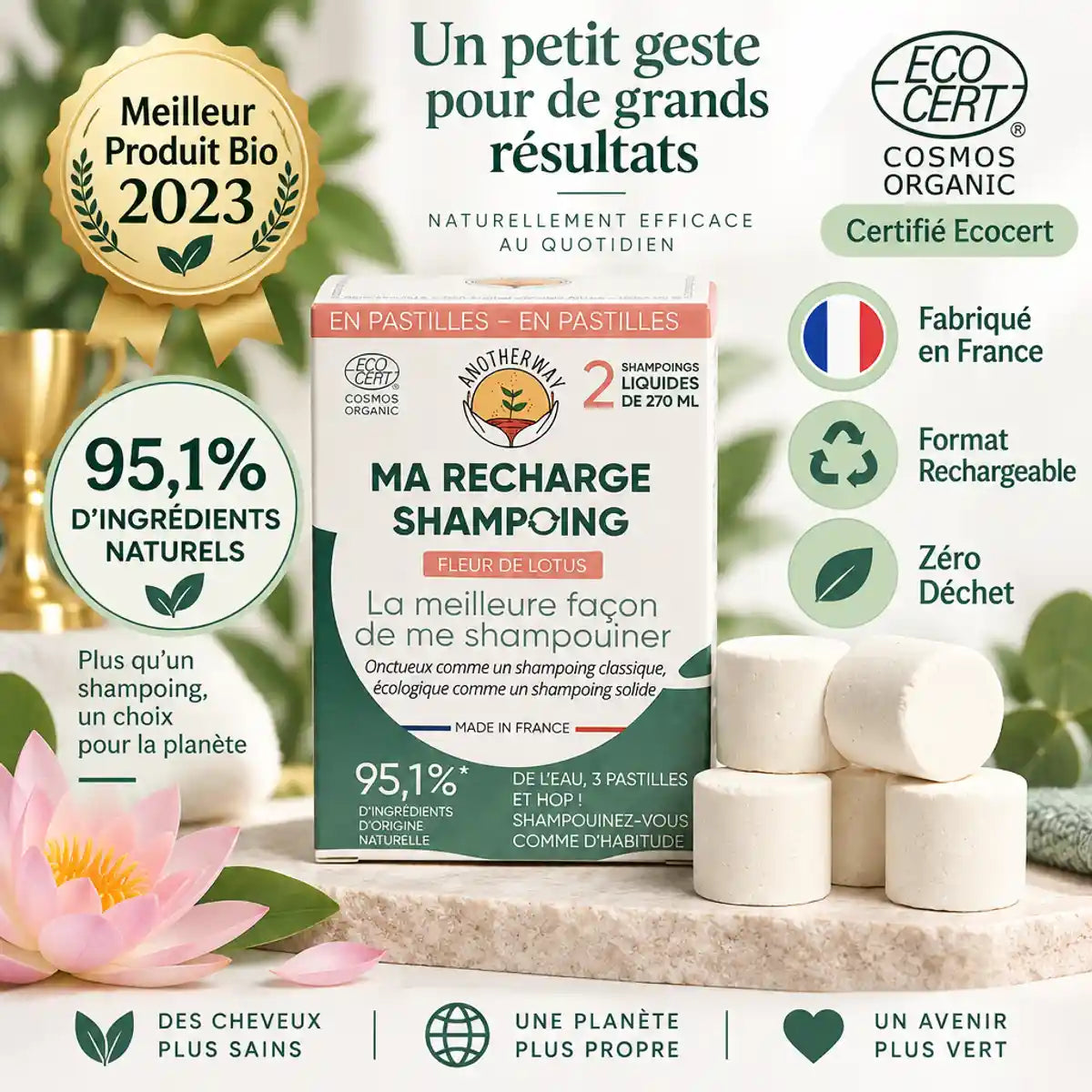Shampoing Fleur de Lotus Bio Anotherway - Pack de 6 pastilles certifiées Ecocert, fabriqué en France