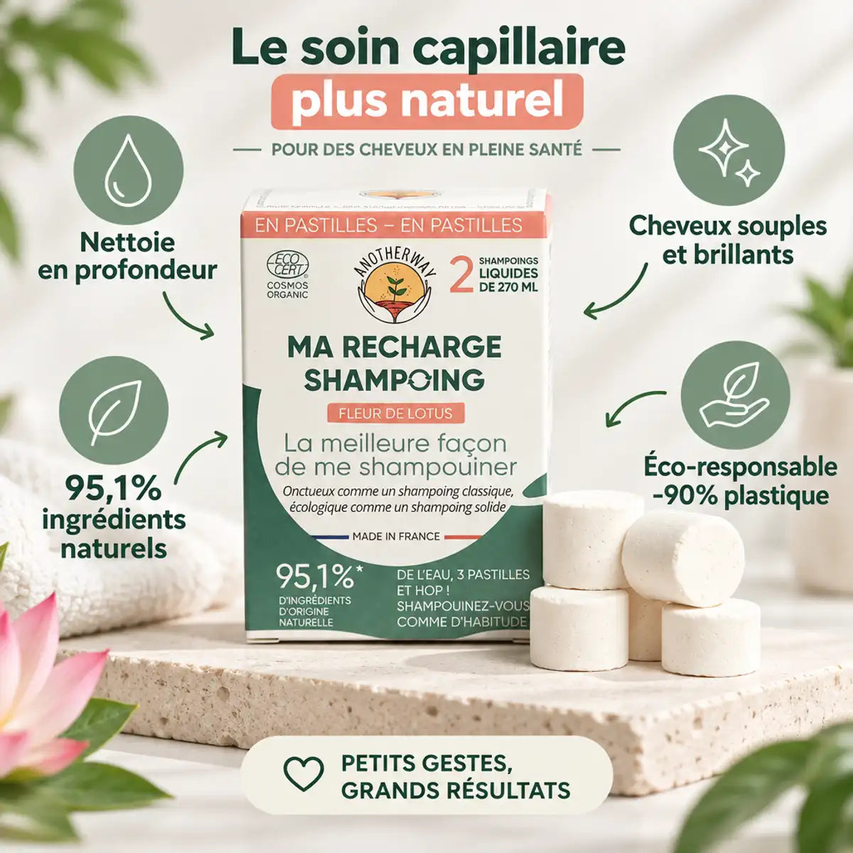 Shampoing Fleur de Lotus Bio Anotherway - pastilles avec bénéfices naturels et éco-responsables