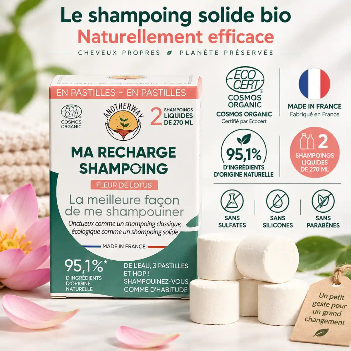 Shampoing Fleur de Lotus Bio Anotherway - Pack 6 pastilles, certifié Cosmos Organic, sans sulfates