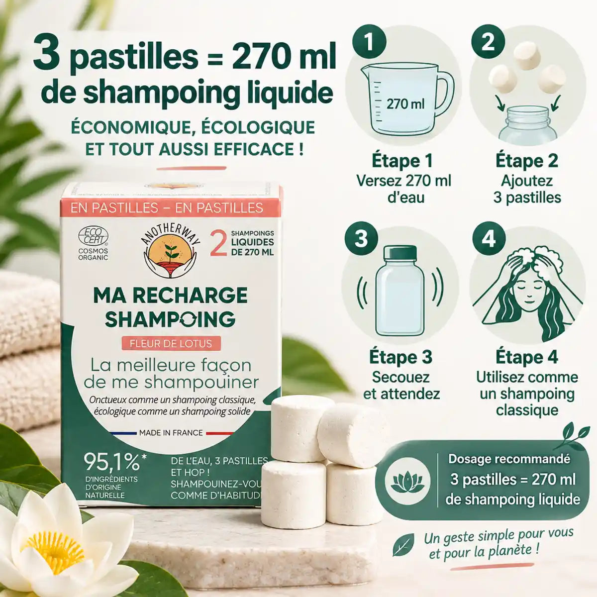 Shampoing Fleur de Lotus Bio Anotherway - Pack 6 pastilles avec guide dosage et instructions utilisation