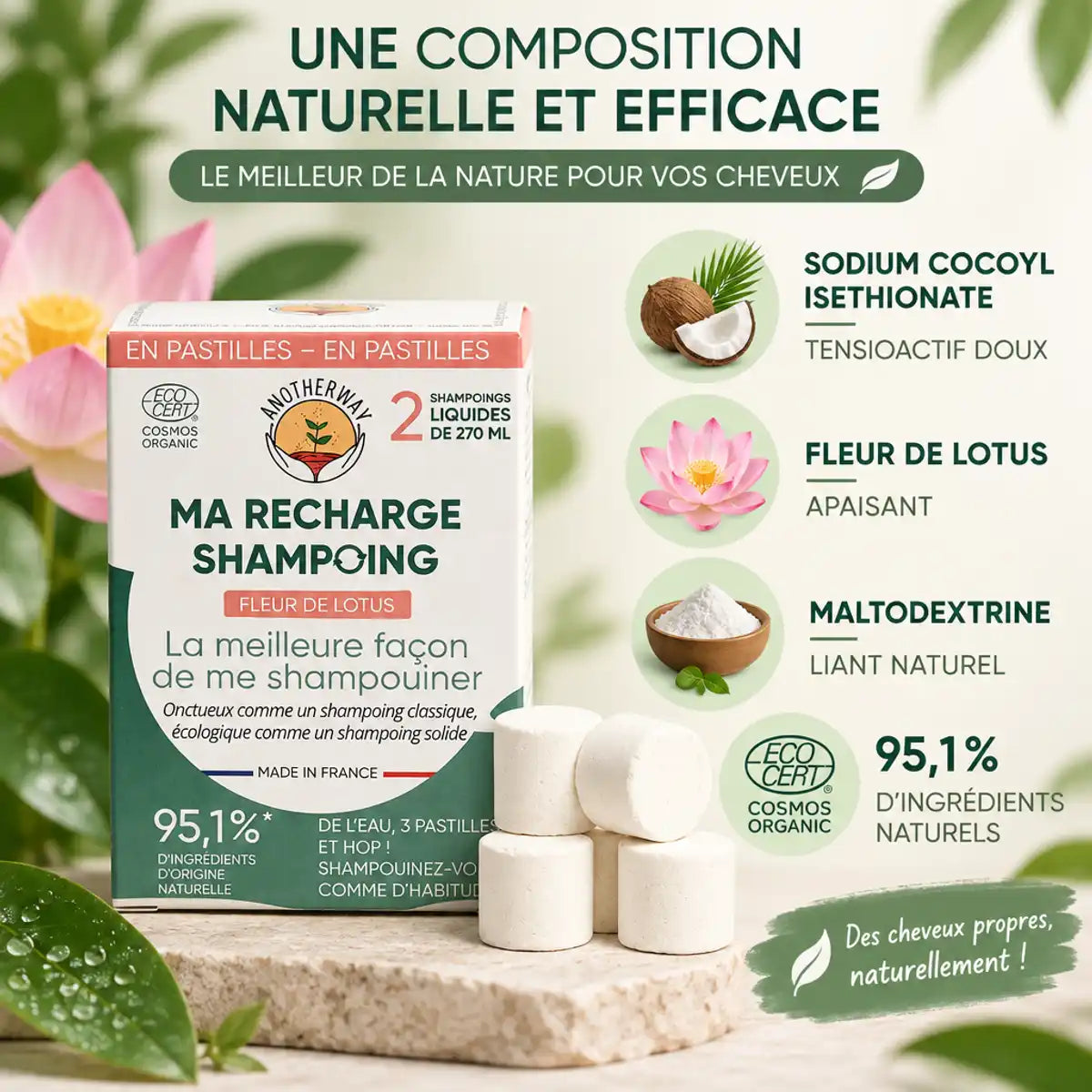 Shampoing Fleur de Lotus Bio Anotherway - Pack pastilles avec ingrédients naturels et certification