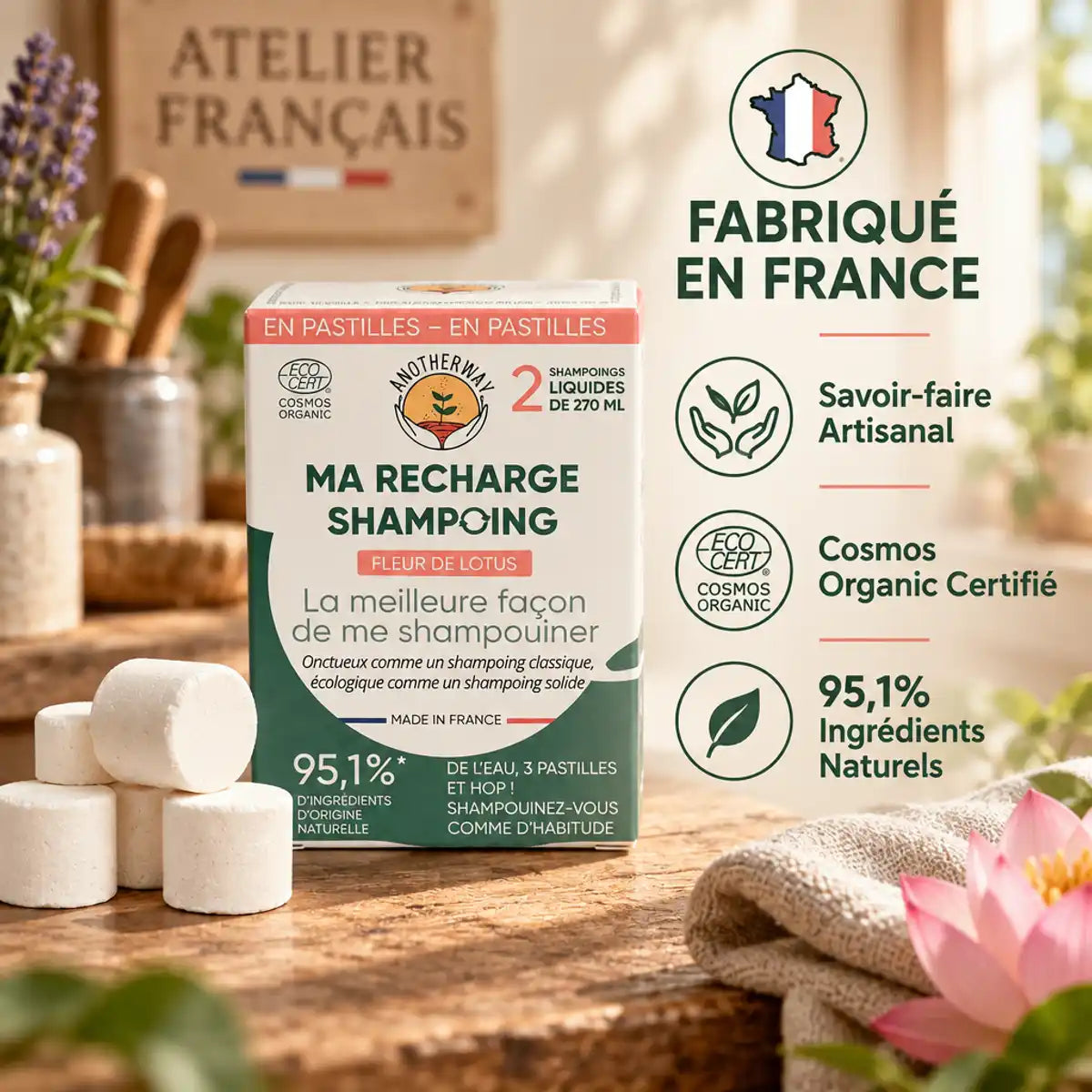 Shampoing Fleur de Lotus Bio Anotherway - Pack de 6 pastilles fabriqué en France, certifié Cosmos Organic