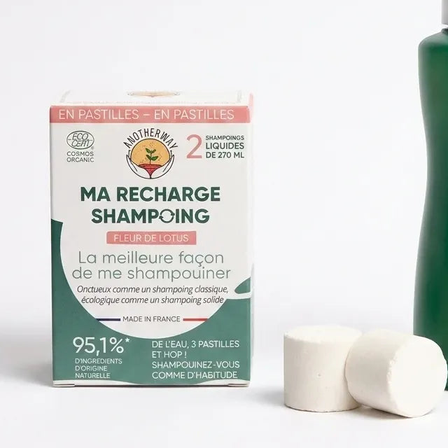 Shampoing Fleur de Lotus Bio Anotherway - Pack de 6 pastilles en bouteille verre avec packaging