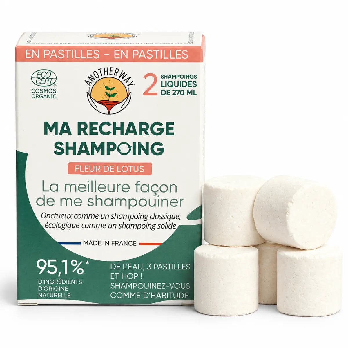 Shampoing Fleur de Lotus Bio Anotherway - Pack 6 pastilles, boîte verte et corail sur fond blanc