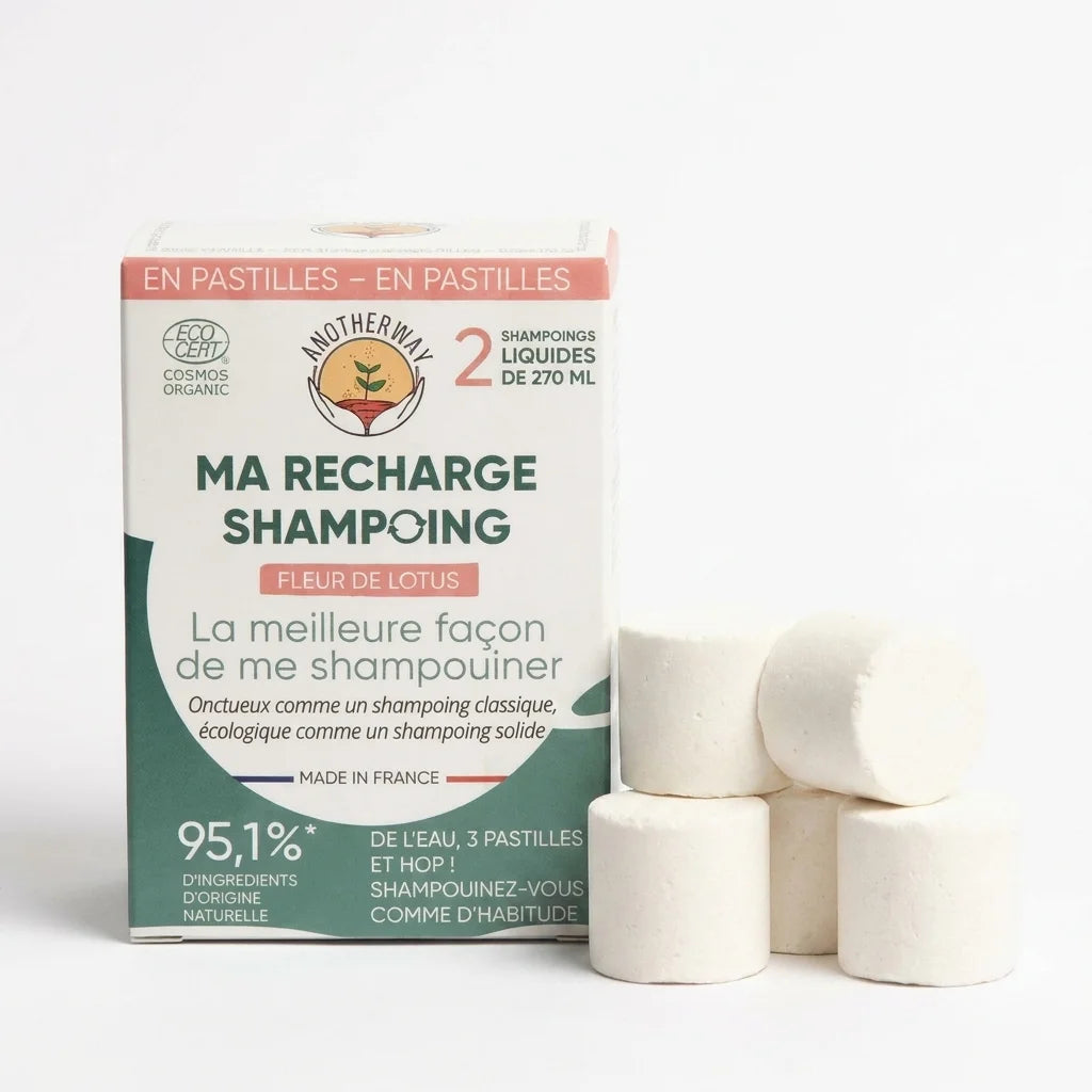 Pack de 6 pastilles de shampoing Fleur de Lotus bio Anotherway en boîte carton avec certification