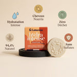 Shampoing solide Hydra Intense Lamazuna cheveux secs avec infographie bénéfices naturels