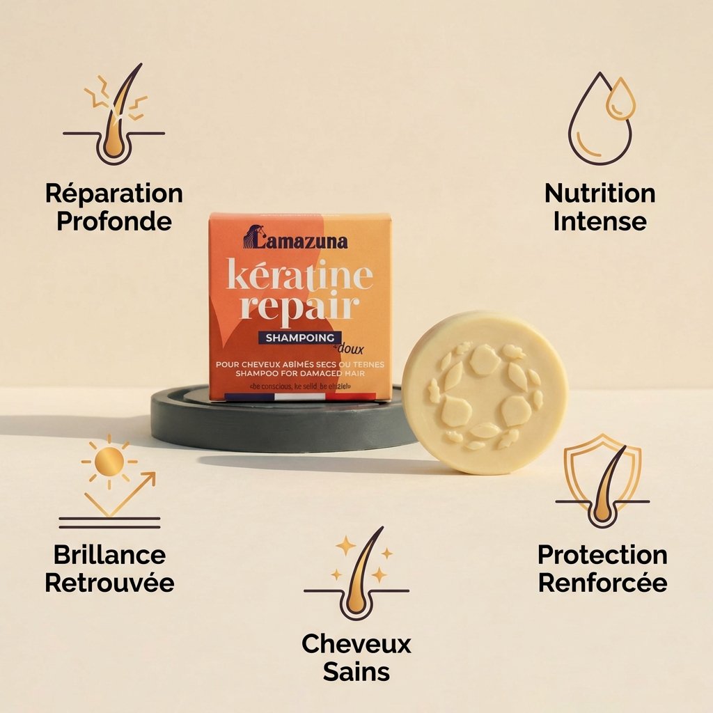 Shampoing solide Kératine Repair Lamazuna avec ses 5 bénéfices : réparation, nutrition, brillance, protection