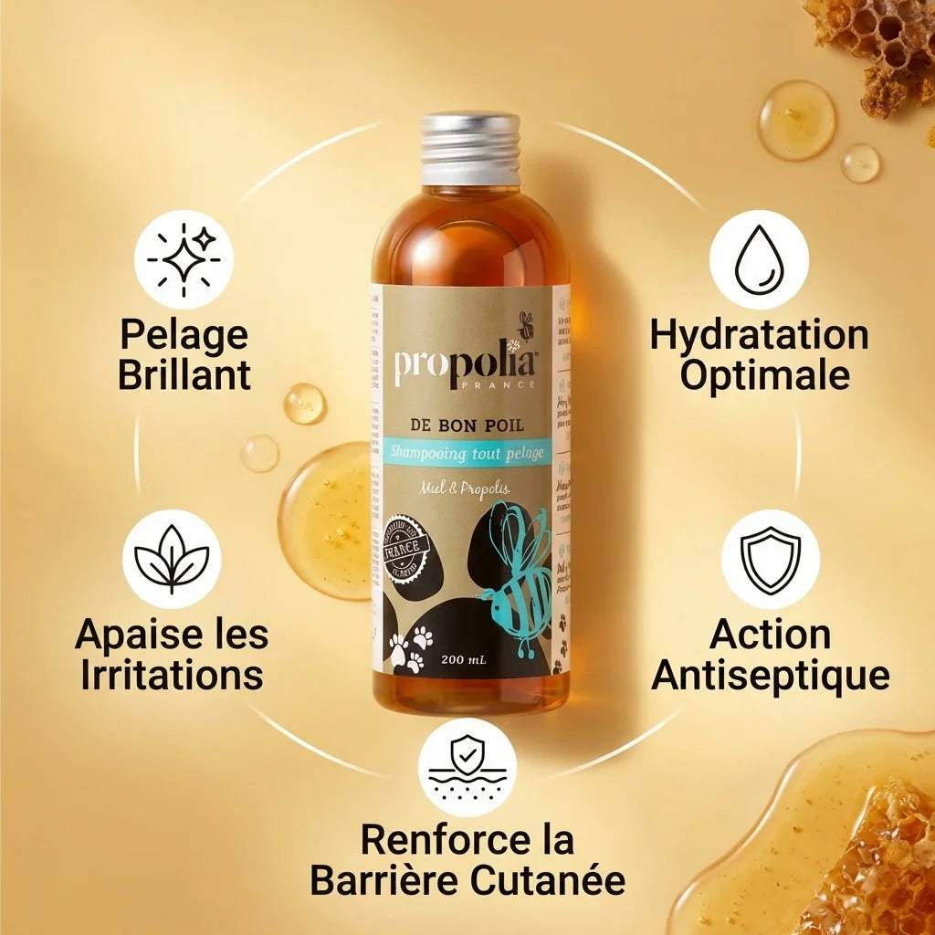 Shampoing naturel Propolia miel et propolis pour chien - bouteille 200ml avec bénéfices