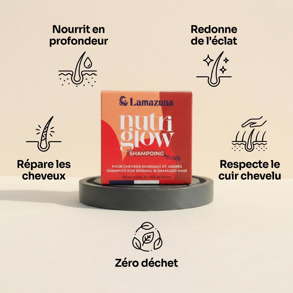 Shampoing solide Nutri Glow Lamazuna avec ses 5 bénéfices : nutrition, éclat, réparation, cuir chevelu sain, zéro déchet