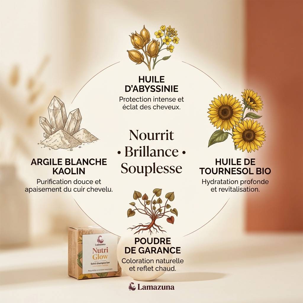 Shampoing solide Nutri Glow Lamazuna - ingrédients naturels huile d'Abyssinie, tournesol bio, garance et kaolin
