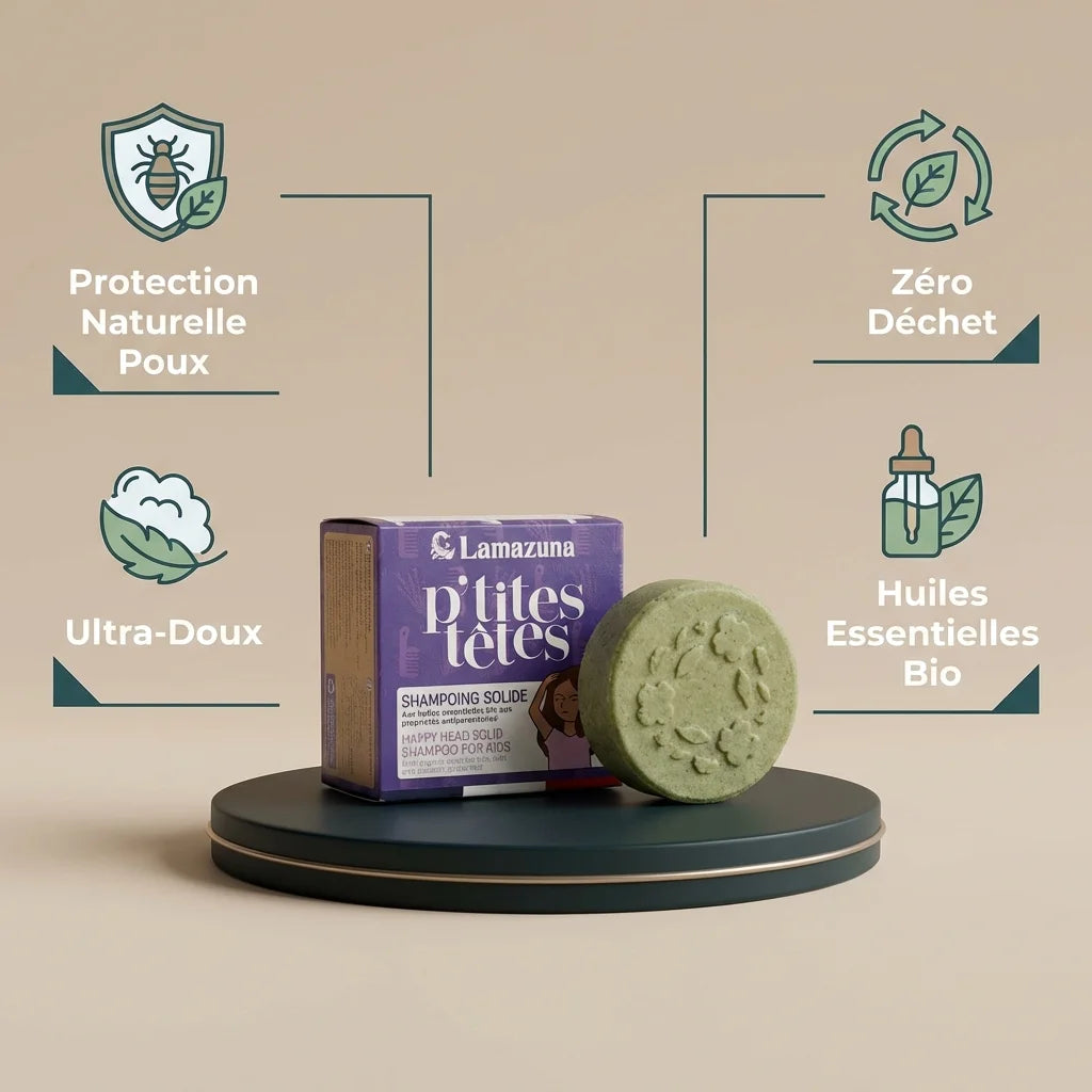 Shampoing solide P'tites Têtes Lamazuna avec emballage violet et barre verte, bénéfices naturels et zéro déchet