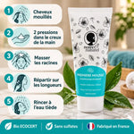 Shampoing Purifiant Bio Noire Ô Naturel pour cheveux bouclés à frisés, 200 ml, avec guide étape par étape d'application sur fond marbre