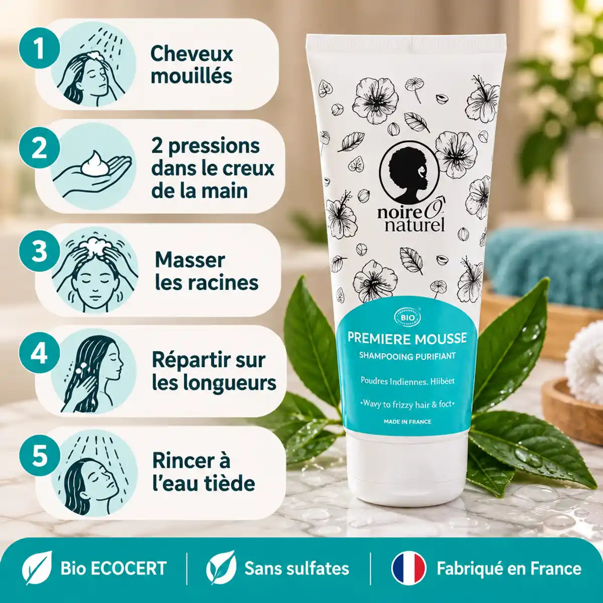 Shampoing Purifiant Bio Noire Ô Naturel pour cheveux bouclés à frisés, 200 ml, avec guide étape par étape d'application sur fond marbre