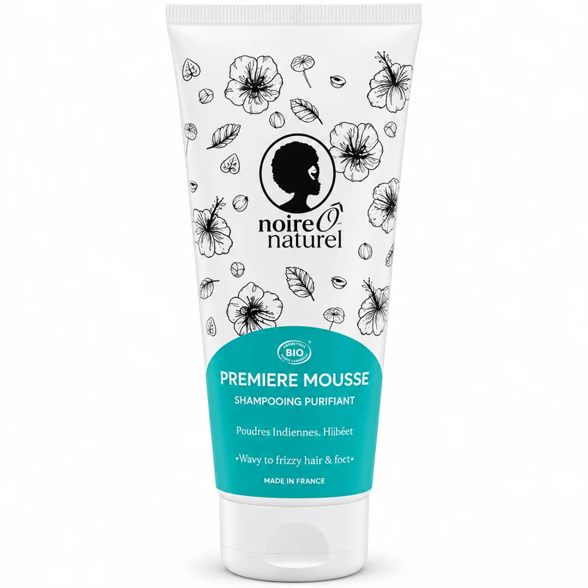 Shampoing Purifiant Bio Noire Ô Naturel pour cheveux bouclés à frisés, tube 200 ml à motifs hibiscus et étiquette turquoise