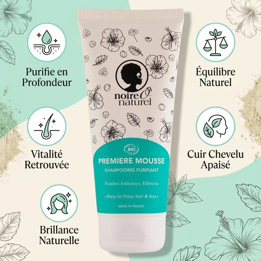 Shampoing Purifiant Noire Ô Naturel Première Mousse Bio avec bénéfices purification, équilibre et brillance