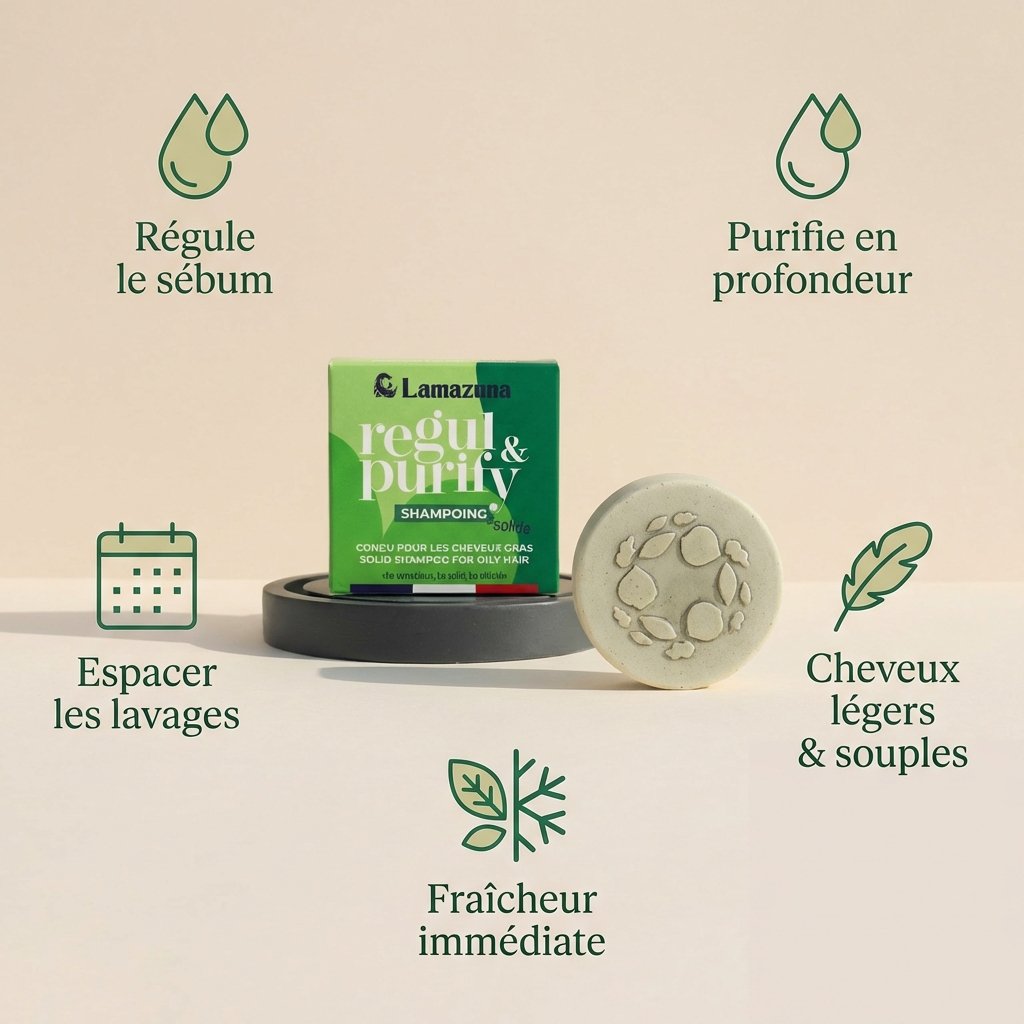 Shampoing solide Lamazuna Regul & Purify avec ses bénéfices pour cheveux gras