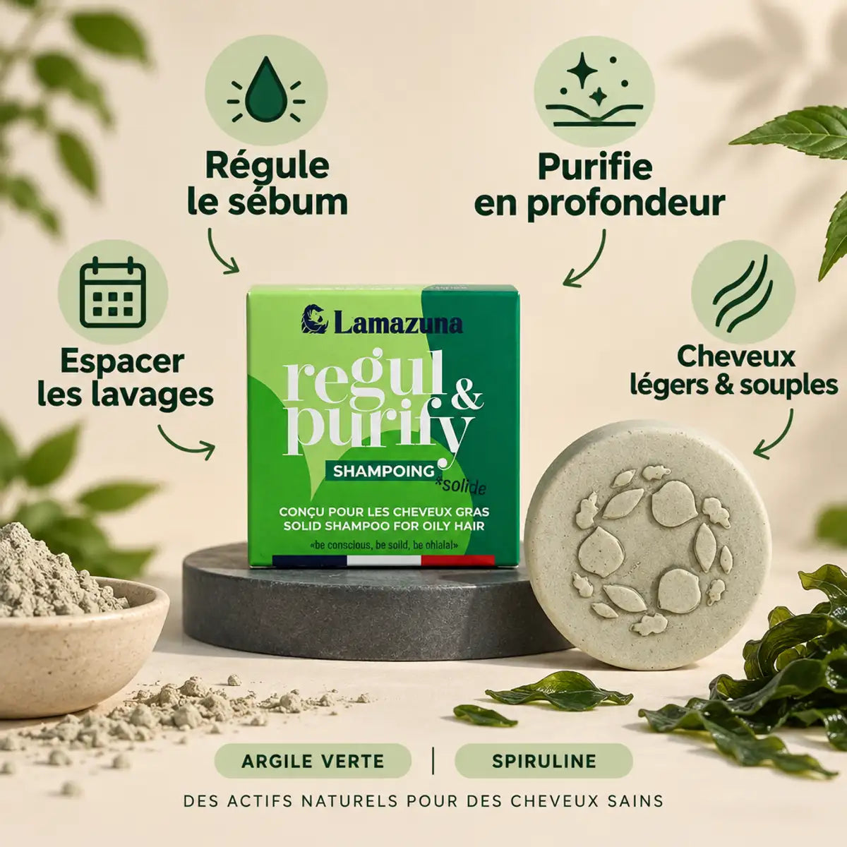 Shampoing solide Regul & Purify Lamazuna cheveux gras avec bénéfices : régule sébum, purifie, espacer lavages