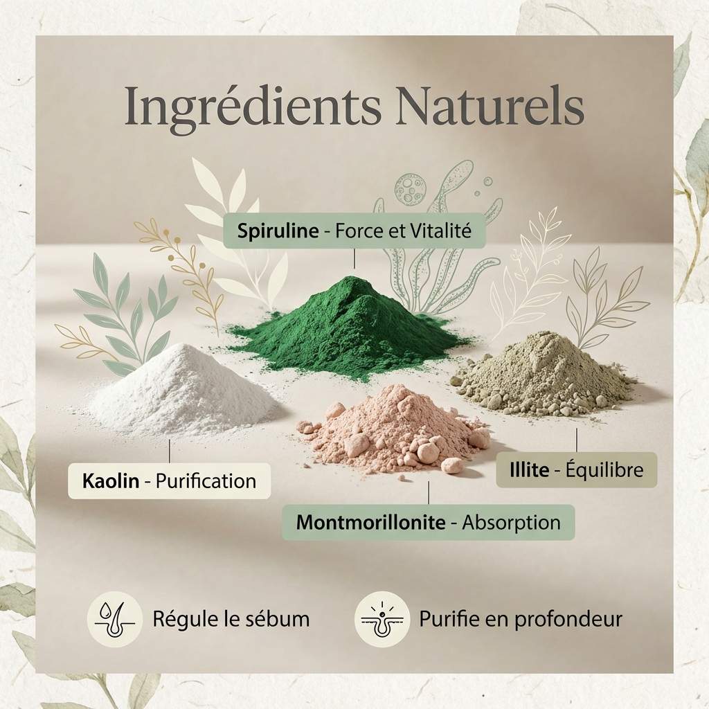 Ingrédients naturels shampoing solide Lamazuna cheveux gras : spiruline, kaolin, montmorillonite et illite