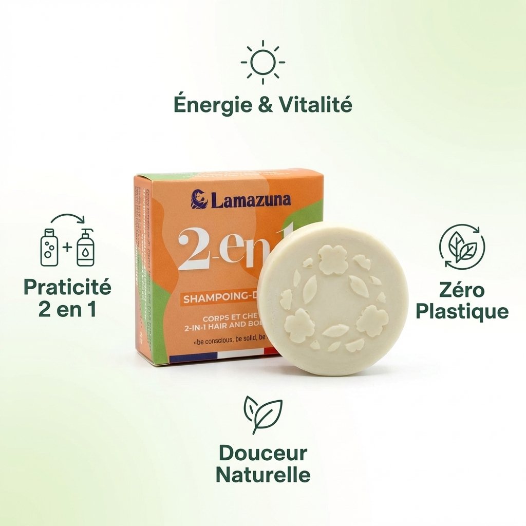Shampoing savon solide Lamazuna 2 en 1 corps et cheveux avec packaging écologique