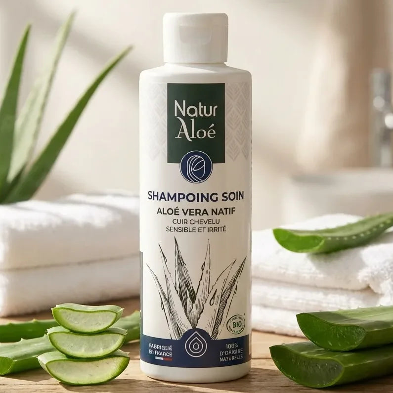Shampoing soin bio Naturaloé 200ml avec feuilles d'aloe vera sur surface naturelle