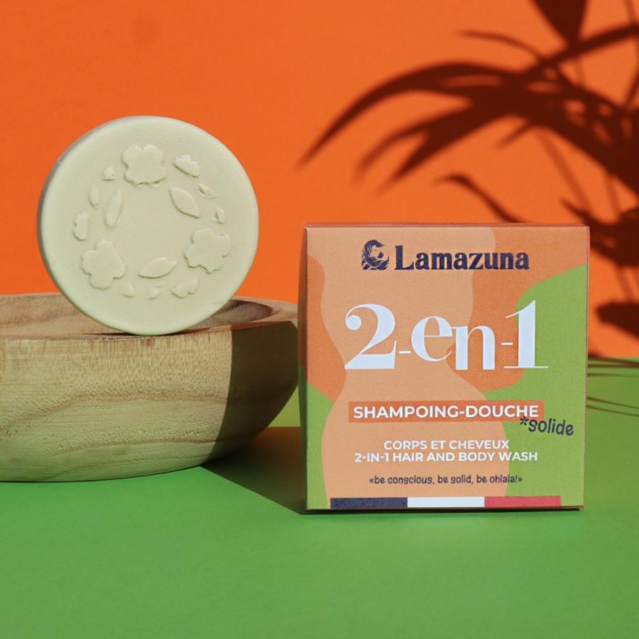 Shampoing Douche solide 2 en 1 de Lamazuna posé un support 