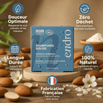 Shampoing solide Endro à l'huile d'amande douce avec ses 5 bénéfices : douceur, zéro déchet, longue durée, 100% naturel, fabrication française