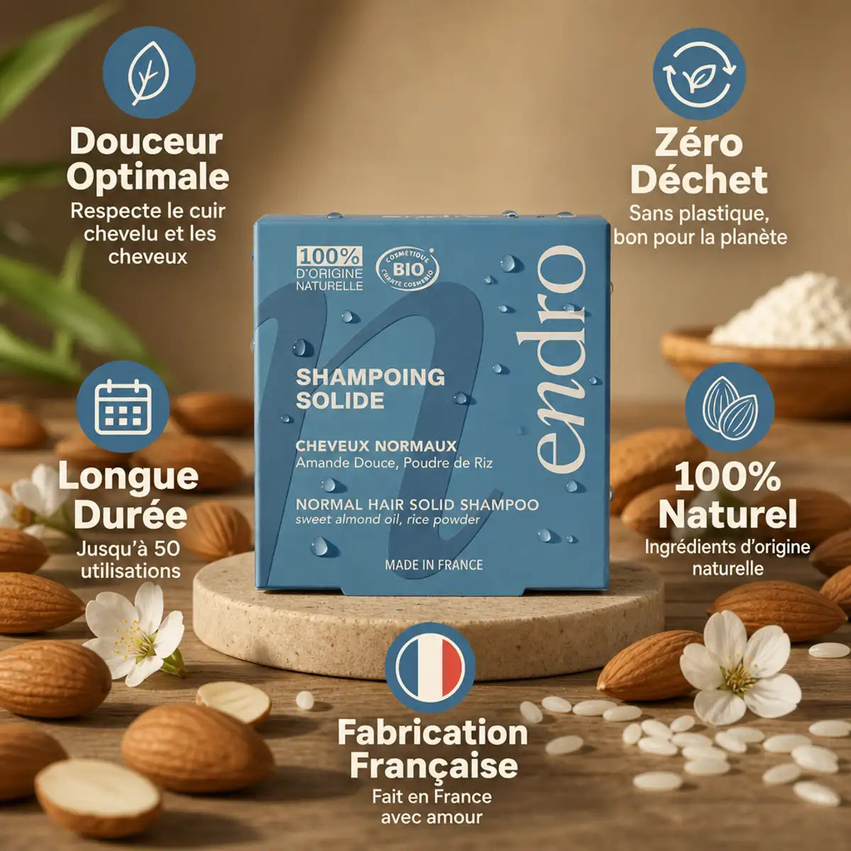 Shampoing solide Endro à l'huile d'amande douce avec ses 5 bénéfices : douceur, zéro déchet, longue durée, 100% naturel, fabrication française