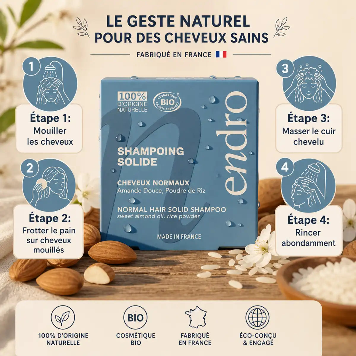 Shampoing solide Endro à l'huile d'amande douce avec guide d'utilisation en 4 étapes pour cheveux normaux