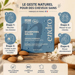 Shampoing solide Endro à l'huile d'amande douce avec guide d'utilisation en 4 étapes pour cheveux normaux