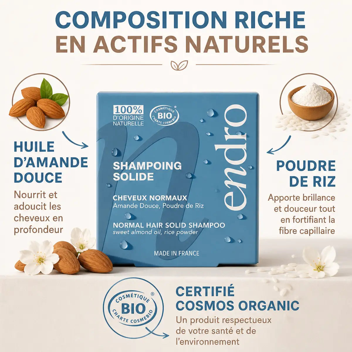 Shampoing solide Endro à l'huile d'amande douce avec ingrédients bio certifiés