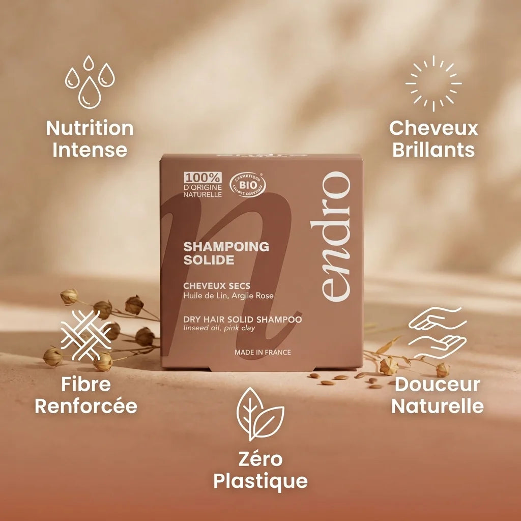 Shampoing solide Endro à l'huile de lin pour cheveux secs avec infographies des bénéfits naturels