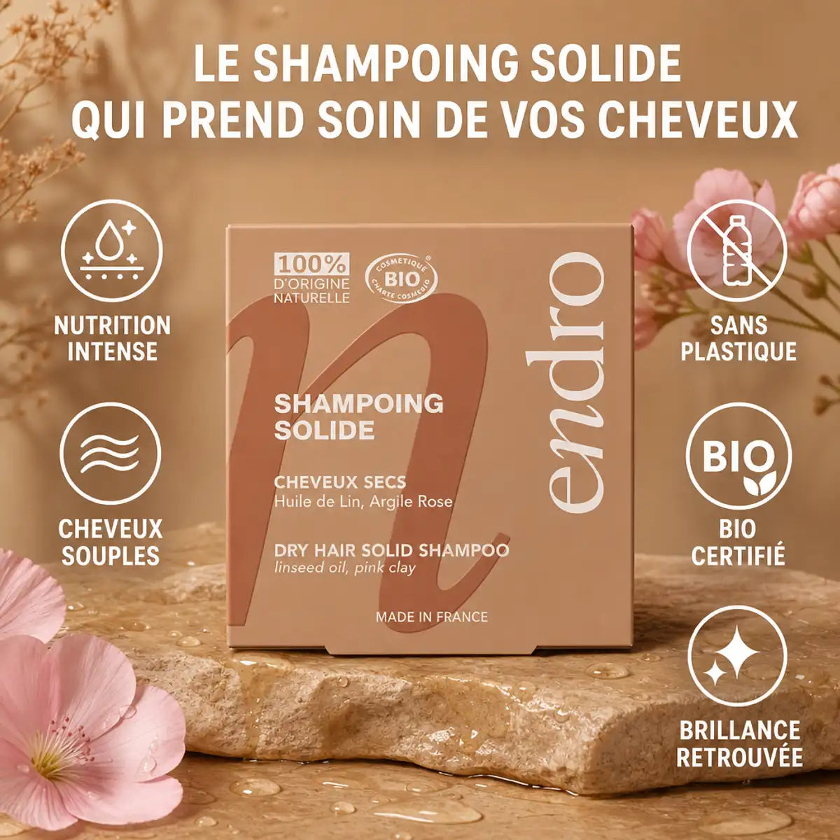 Shampoing solide Endro à l'huile de lin pour cheveux secs avec bénéfices nutrition intense et brillance retrouvée