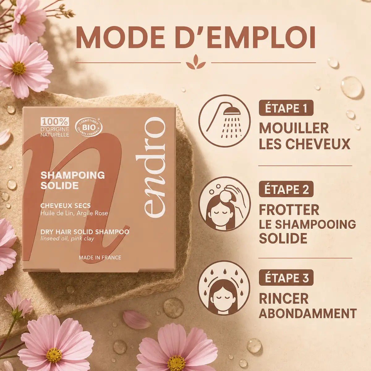 Shampoing solide Endro à l'huile de lin avec mode d'emploi pour cheveux secs